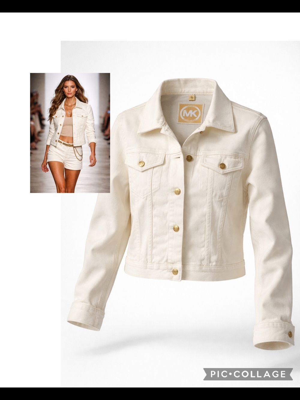 Michael Kors Cream Denim Trucker Jacket with Gold Buttons
